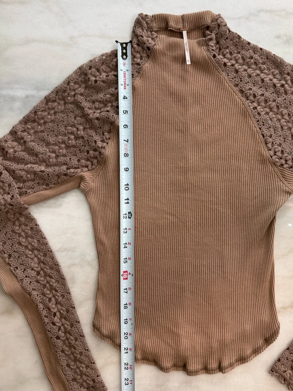 Free People Clemente Mock Neck Lace Sleeve Thermal Top Tan Beige Women Size XL